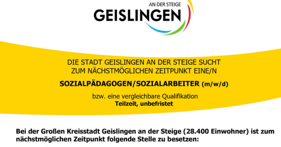 Sozialpädagoge / Sozialarbeiter (m/w/d) für das Stadtjugendreferat gesucht! (Teilzeit 65%, unbefristet)